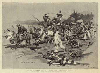 Besiegte Chinesen fliehen vor dem siegreichen Feind